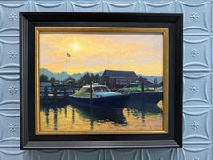 "Sag Harbor Pier" Paysage réaliste américain de bateaux et d'un coucher de soleil dans une petite ville.