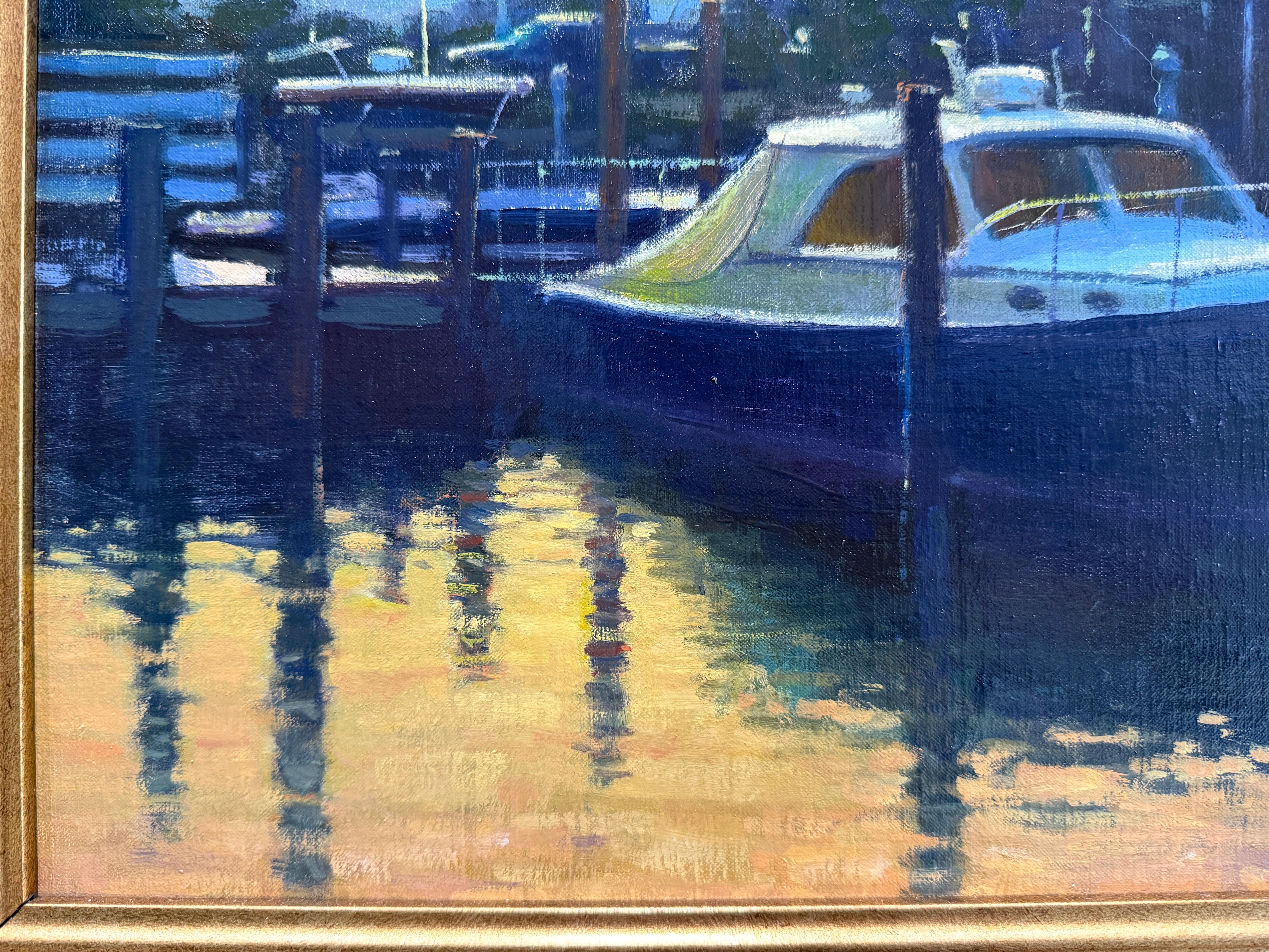 „Sag Harbor Pier“ Amerikanische realistische Landschaft mit Booten und einem Sonnenuntergang in einer Kleinstadt im Angebot 2