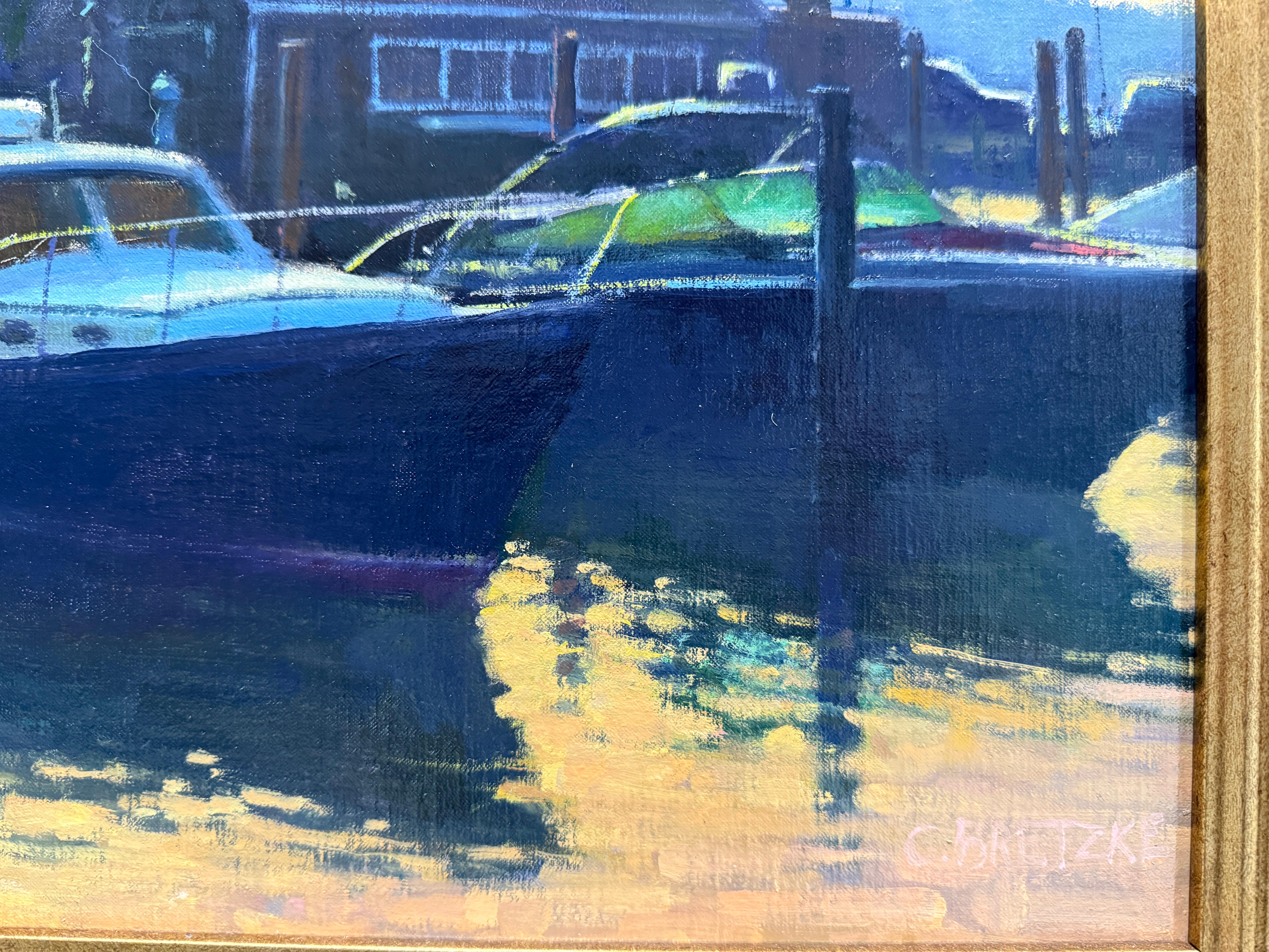 „Sag Harbor Pier“ Amerikanische realistische Landschaft mit Booten und einem Sonnenuntergang in einer Kleinstadt im Angebot 3