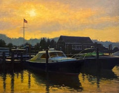 „Sag Harbor Pier“ Amerikanische realistische Landschaft mit Booten und einem Sonnenuntergang in einer Kleinstadt
