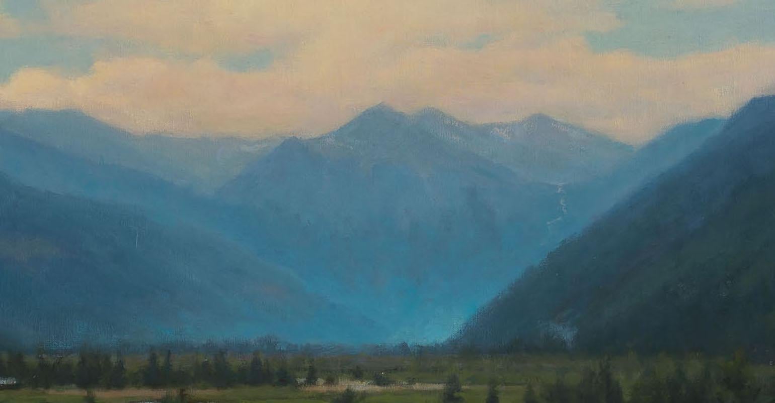 An oil painting of landscape in Telluride, Colorado. A horizon of mountains meet a grassy valley spotted with puddles. A few notes of 