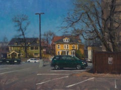 "El barrio" Pintura al óleo, aparcamiento, americana, coches, casas históricas