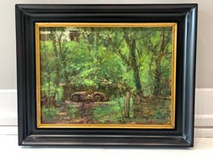 "Triumph" oil painting of old automobile found amongst trees in the forest