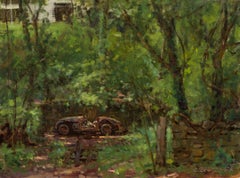 "Triumph" oil painting of old automobile found amongst trees in the forest