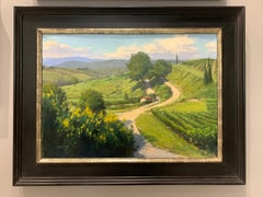 "Tuscany Hillside" Oil painting of rural Italian landscape, dirt road on green