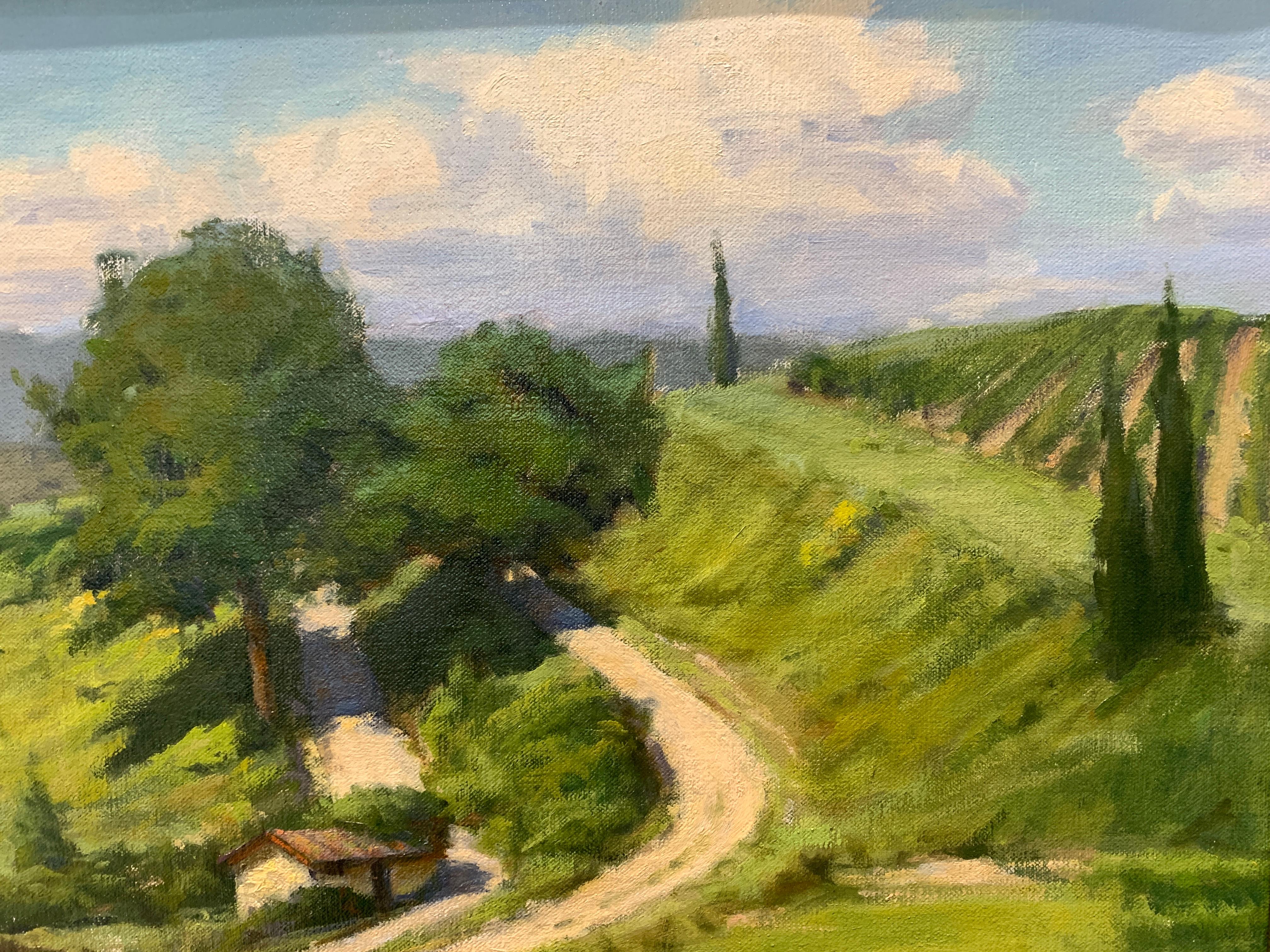 An oil painting of a landscape in Tuscany. Rolling hills, a winding dirt-road, Cyprus trees, and a small farm-house cottage, underneath a pale blue sky. 

Carl Bretzke is a representational painter who specializes in urban scenes and plein-air
