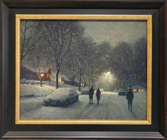Used Unshoveled Sidewalks - Snowy American Realist oil painting of suburbia 