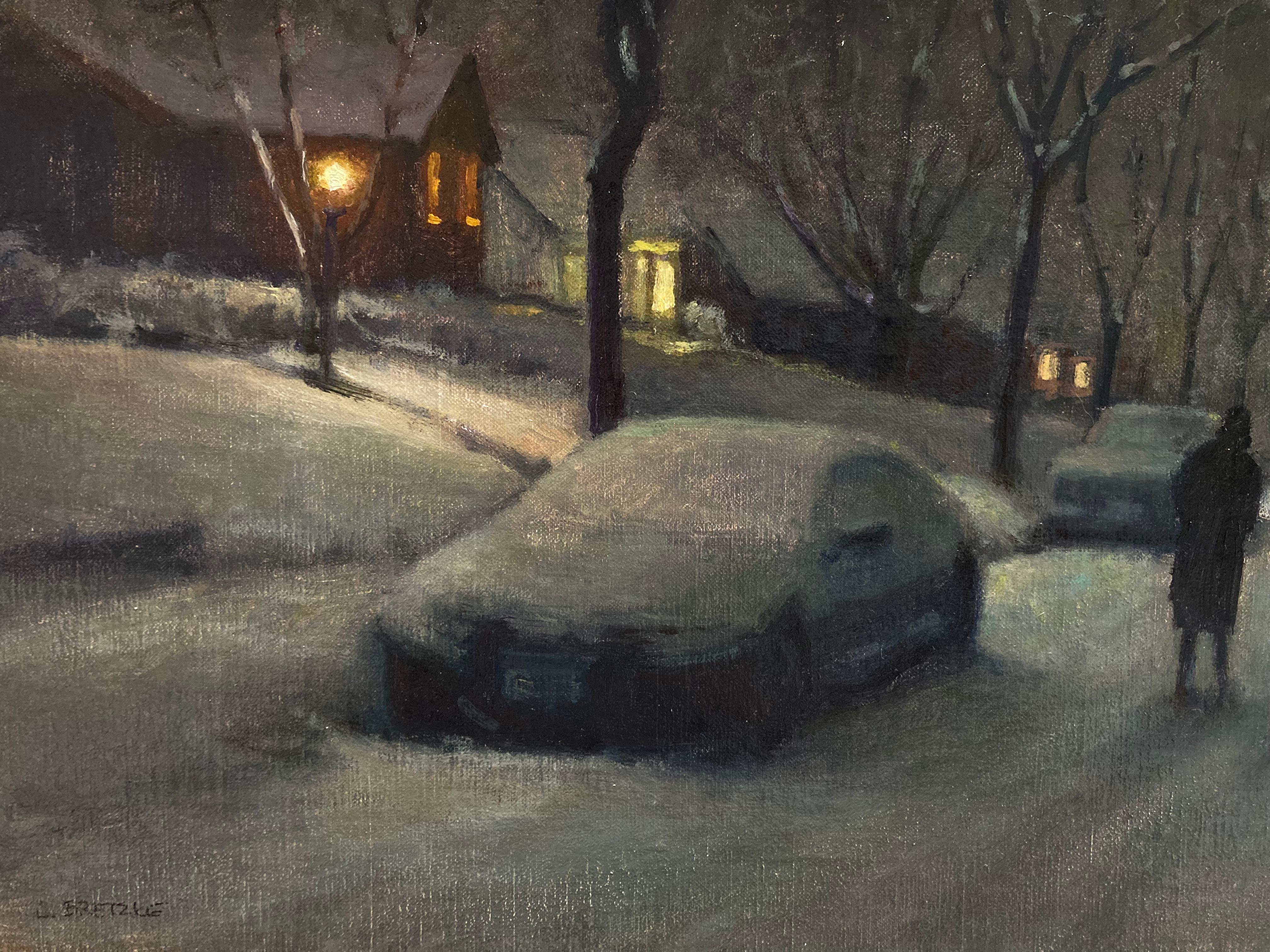 Unshoveled Sidewalks - Snowy American Realist oil painting of suburbia  For Sale 3