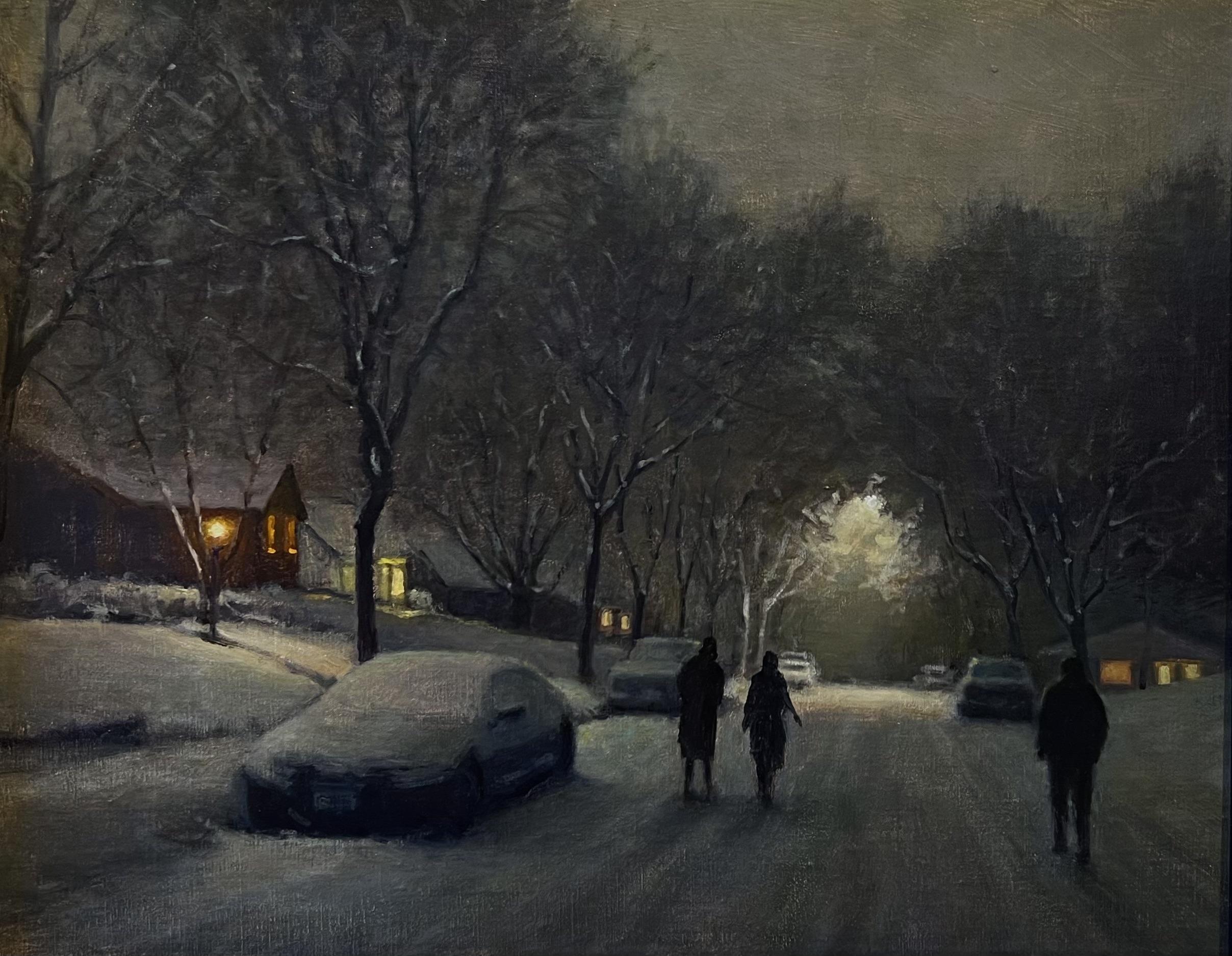 Unshoveled Sidewalks - Snowy American Realist oil painting of suburbia  - Painting by Carl Bretzke