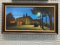 "Villa After Dark" realist nocturne painting of Italian farmhouse & dinner party