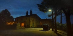 "Villa After Dark" dipinto realista notturno di una casa colonica italiana e di una cena