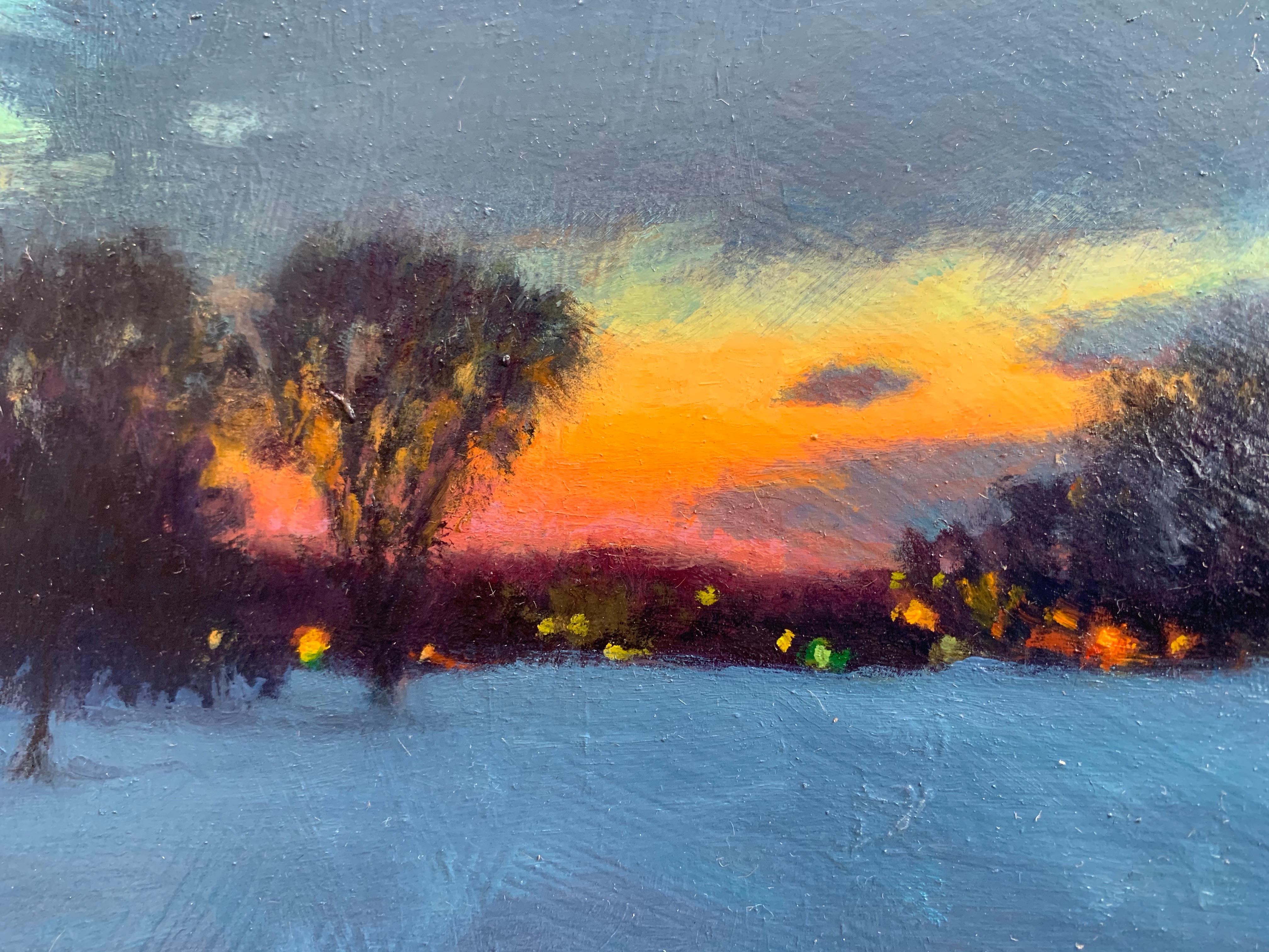 An oil painting of a snow covered landscape at sunset. Distant lights glow on the horizon beneath a wide expanse of sky.

Carl Bretzke is a representational painter who specializes in urban scenes and plein-air landscapes. Carl's work has been