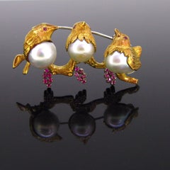 Carl Bucherer Pearls Rubies Yellow Gold 3 Chubby Birds Brooch