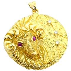 Retro Carl Bucherer Yellow Gold Pink Tourmaline Aries Astrological Zodiac Pendant