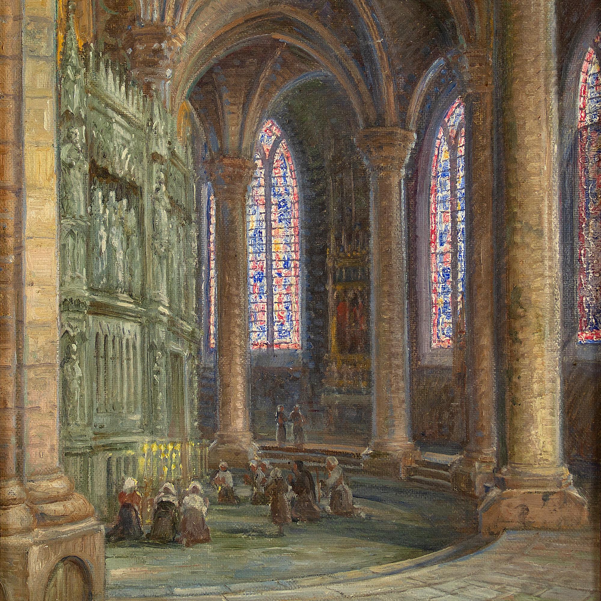 This beautiful early-20th-century oil on canvas by Danish artist Carl Budtz-Mølle (1882-1953) depicts the splendid interior of a gothic church with a rib-vault ceiling. Budtz-Mølle has rendered this sublimely and captured the architecture with