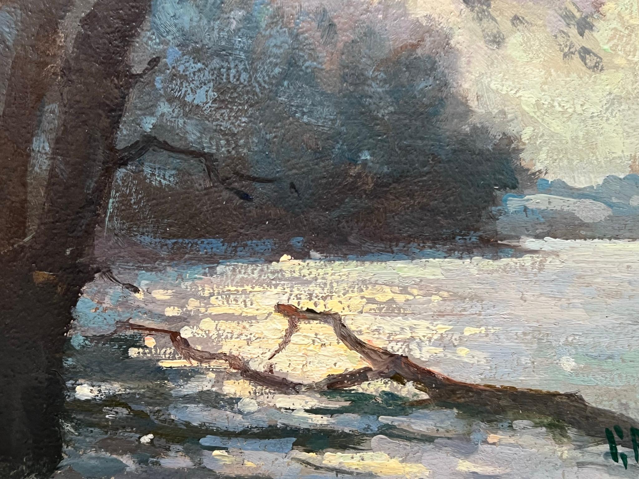 Small framed Oil on canvas landscape showing a River in Brown County, Indiana during a morning hazy-sunrise. 

Excellent use of color to show depth and the time of day.  

Depicts a river bank with trees in the water, while the early morning light