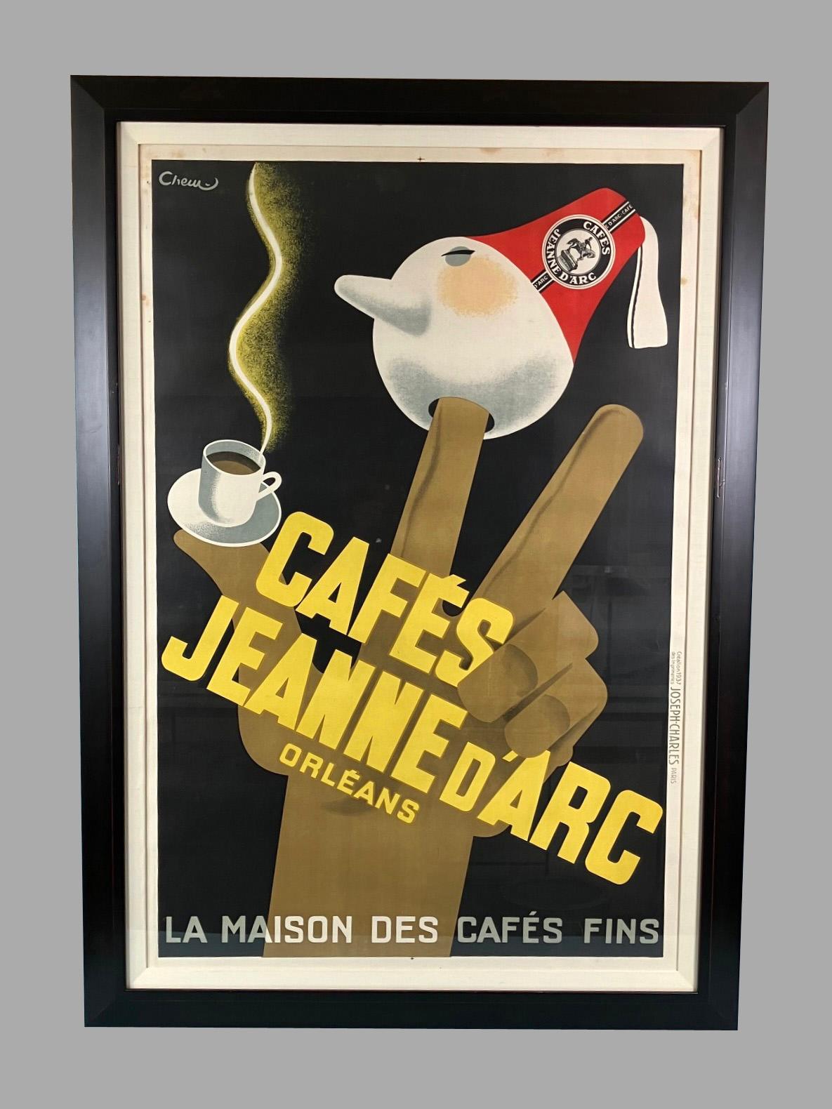 Art Deco Carl Chew (French, 20th century) 'Cafes Jeanne D'Arc' Framed French Poster 1937