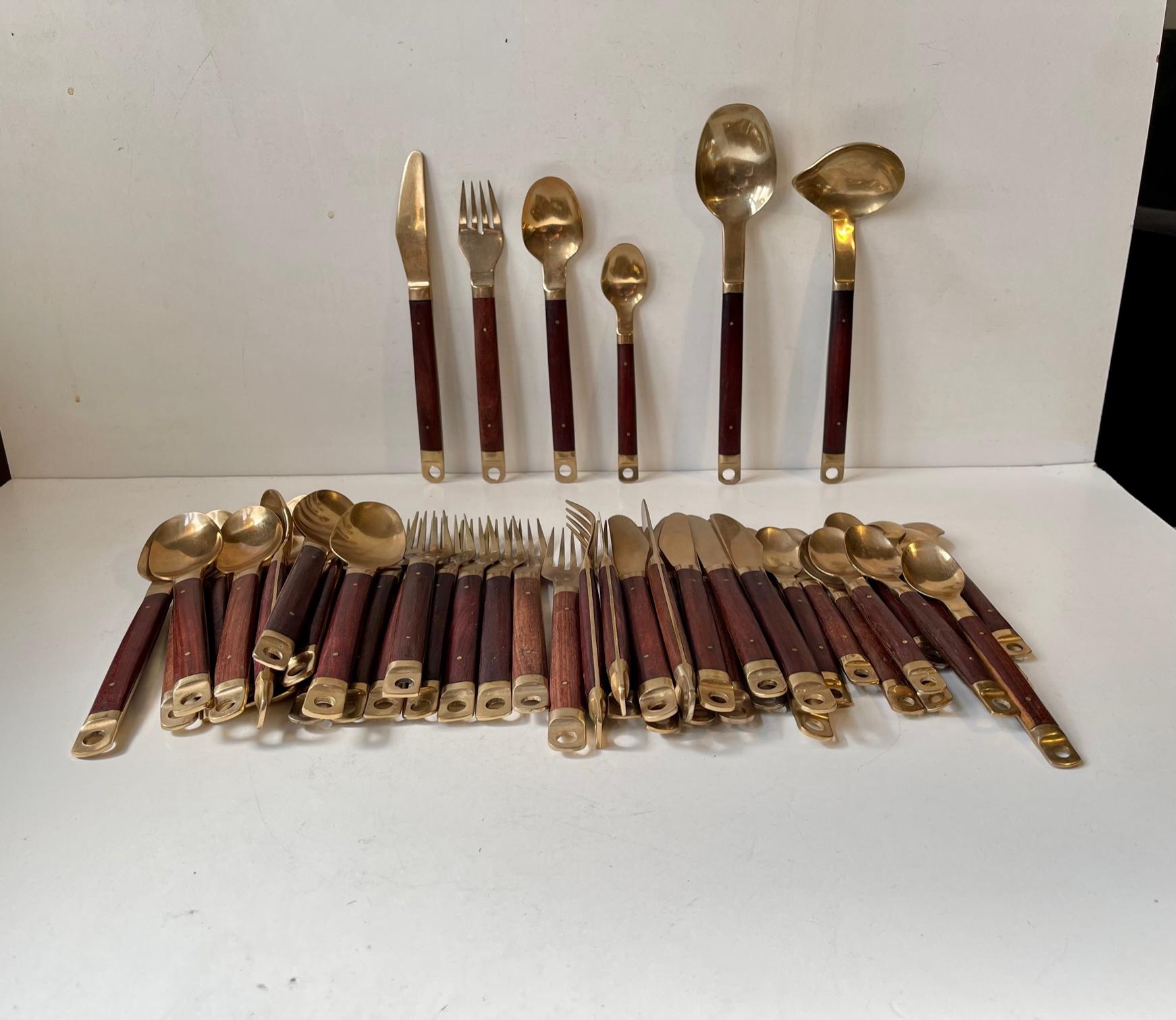 Scandinavian Modern Carl Cohr Danish Modern Brass and Teak Cutlery Dinner Set for 12, 1960s, 50 Pcs