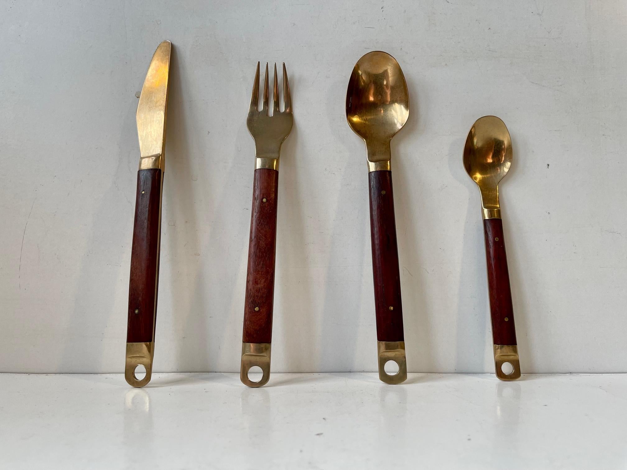 Carl Cohr Danish Modern Brass and Teak Cutlery Dinner Set for 12, 1960s, 50 Pcs In Good Condition In Esbjerg, DK