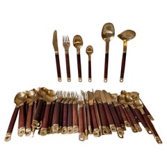 Carl Cohr Danish Modern Brass and Teak Cutlery Dinner Set for 12, 1960s, 50 Pcs