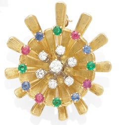 Carl D. Lindstrom 18k Gold Pinwheel Brooch w/ 0.28ct Diamonds and Gemstone