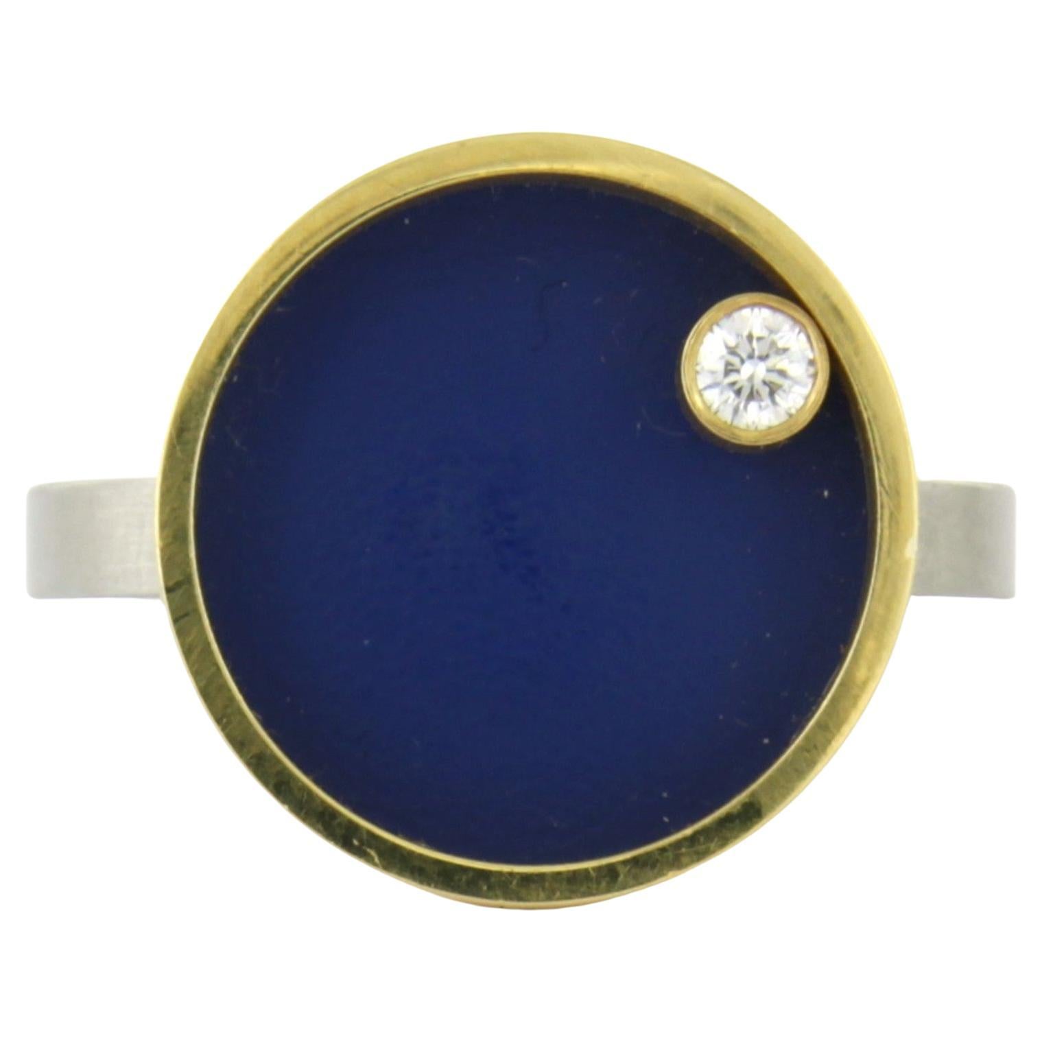 CARL DAU Bague avec émail bleu et diamant taille brillant Or 18k et acier en vente