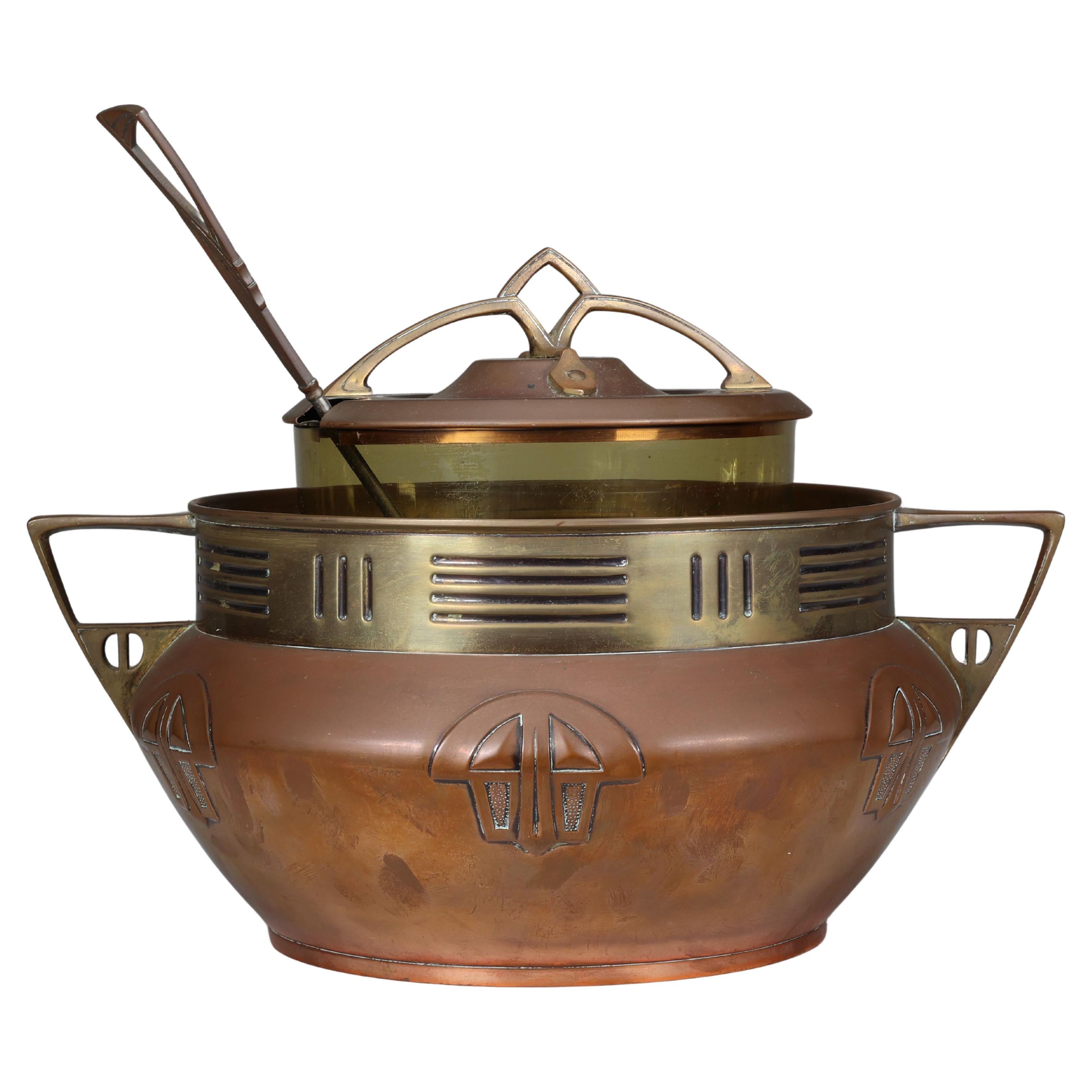 Carl Deffner. An early Secessionist style copper and brass punch bowl and lid