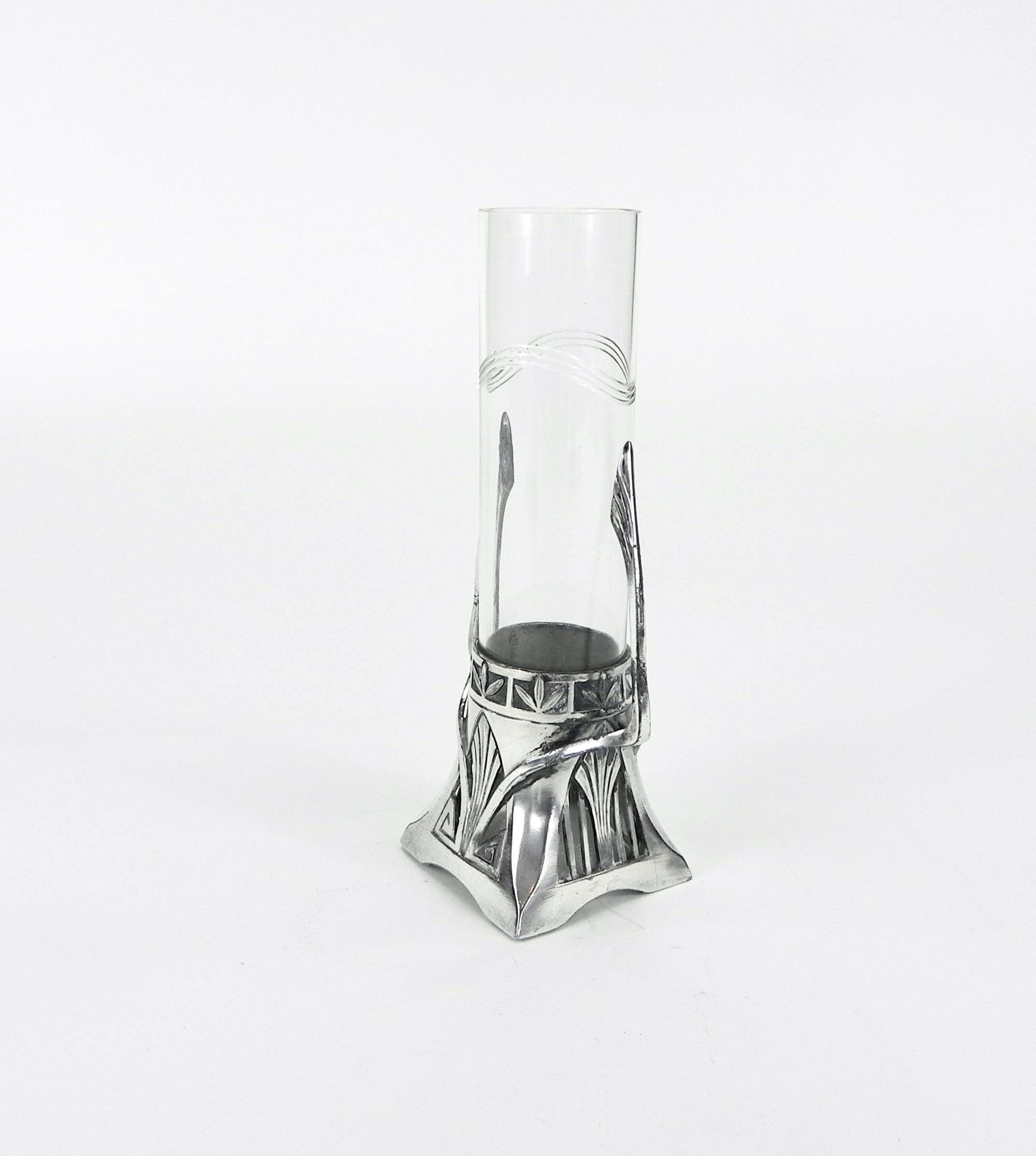 Carl Deffner Art Nouveau Jegendstil Pewter Glass Vase circa 1900 For Sale 1