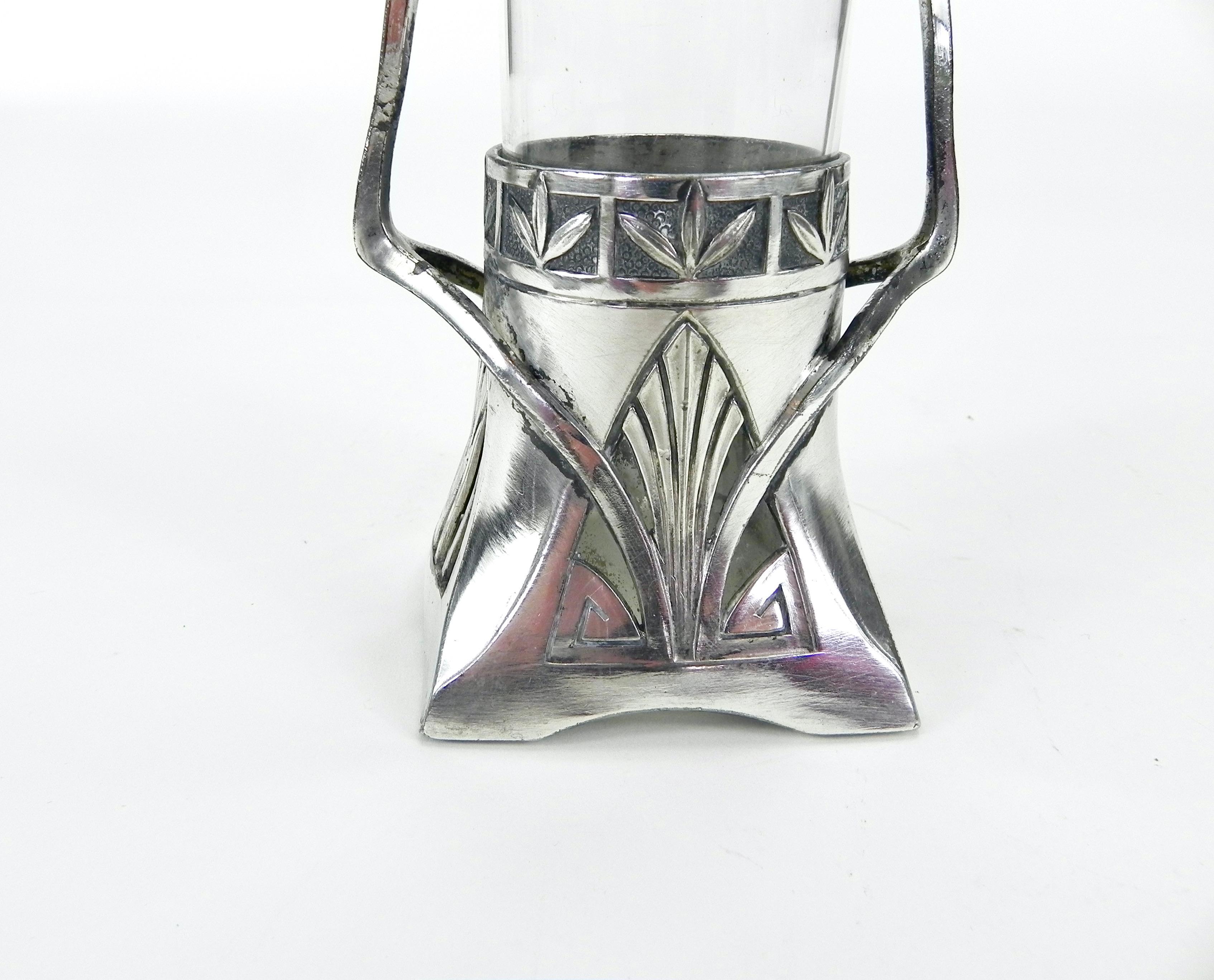 Carl Deffner Art Nouveau Jegendstil Pewter Glass Vase circa 1900 For Sale 2
