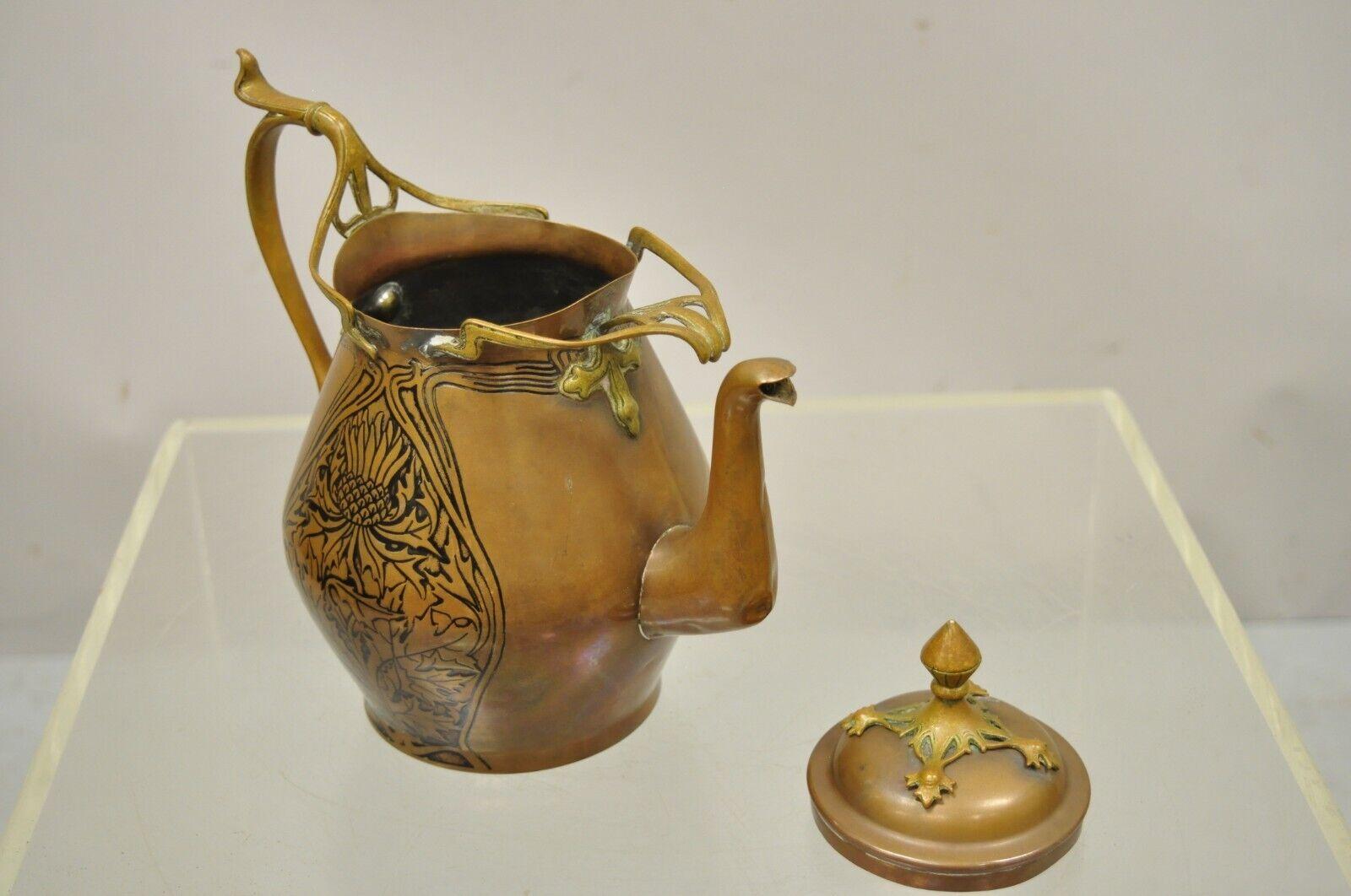 Carl Deffner Copper German Art Nouveau Thistle Tea Set, 4 pc Set For Sale 5