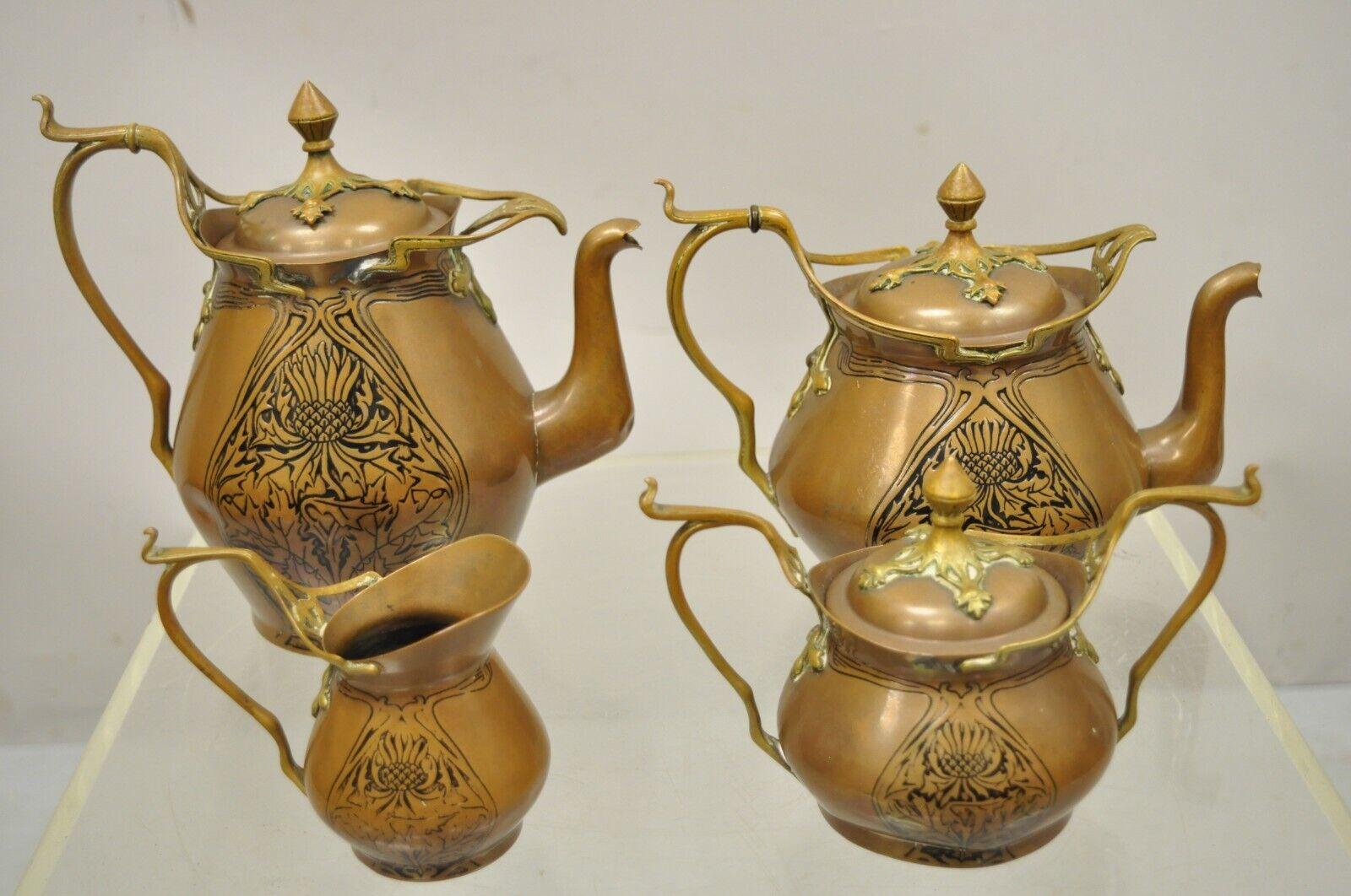 Carl Deffner Copper German Art Nouveau Thistle Tea Set, 4 pc Set For Sale 6
