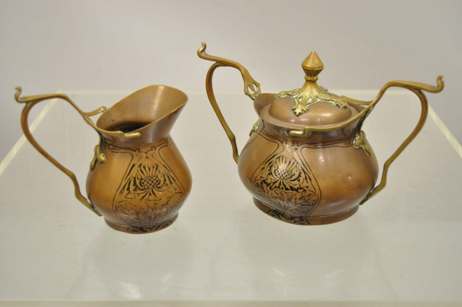 Carl Deffner Copper German Art Nouveau Thistle Tea Set, 4 pc Set In Good Condition For Sale In Philadelphia, PA