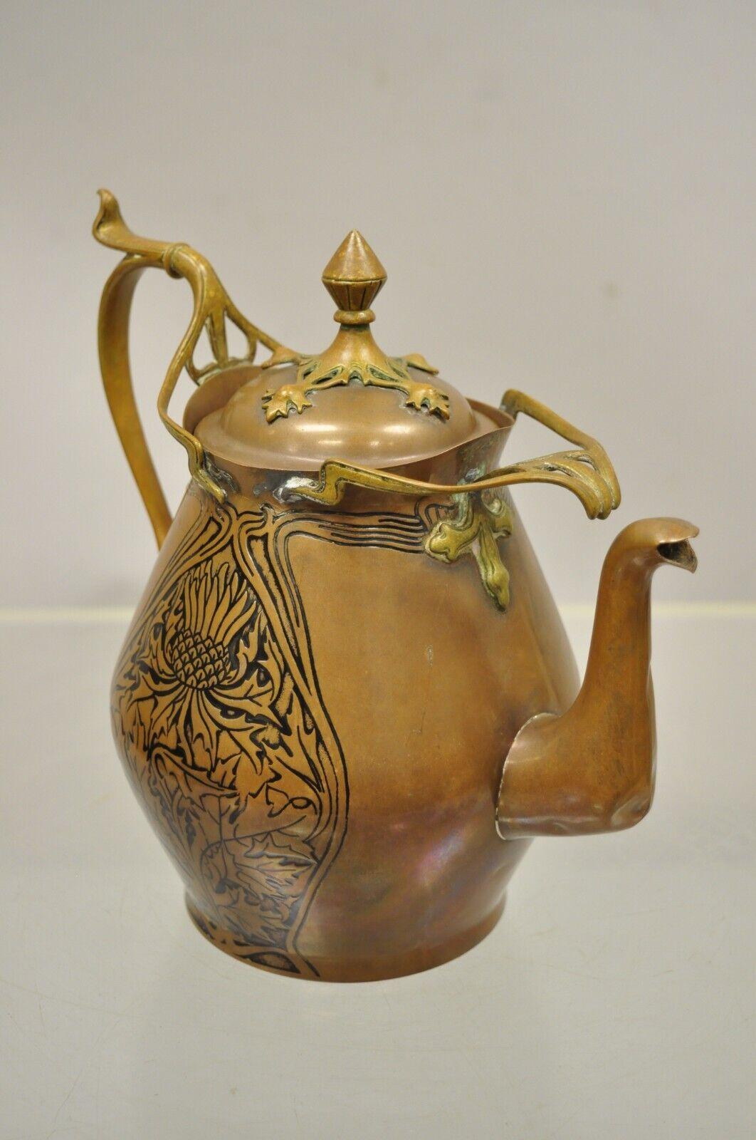Carl Deffner Copper German Art Nouveau Thistle Tea Set, 4 pc Set For Sale 3