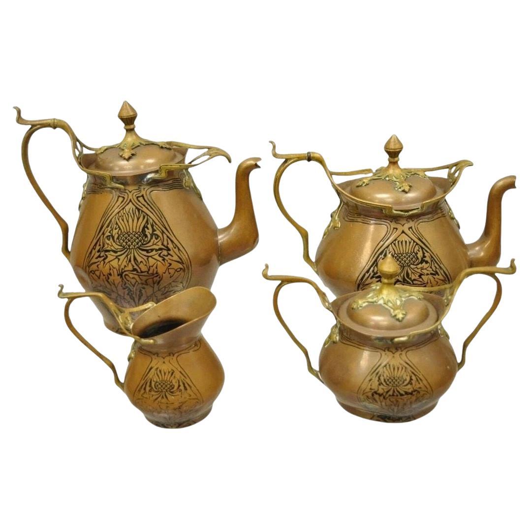 Carl Deffner Copper German Art Nouveau Thistle Tea Set - 4 pc Set For Sale