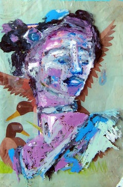 VaslavNijinsky, female expressionistic portrait, green tones, ducks, colorful