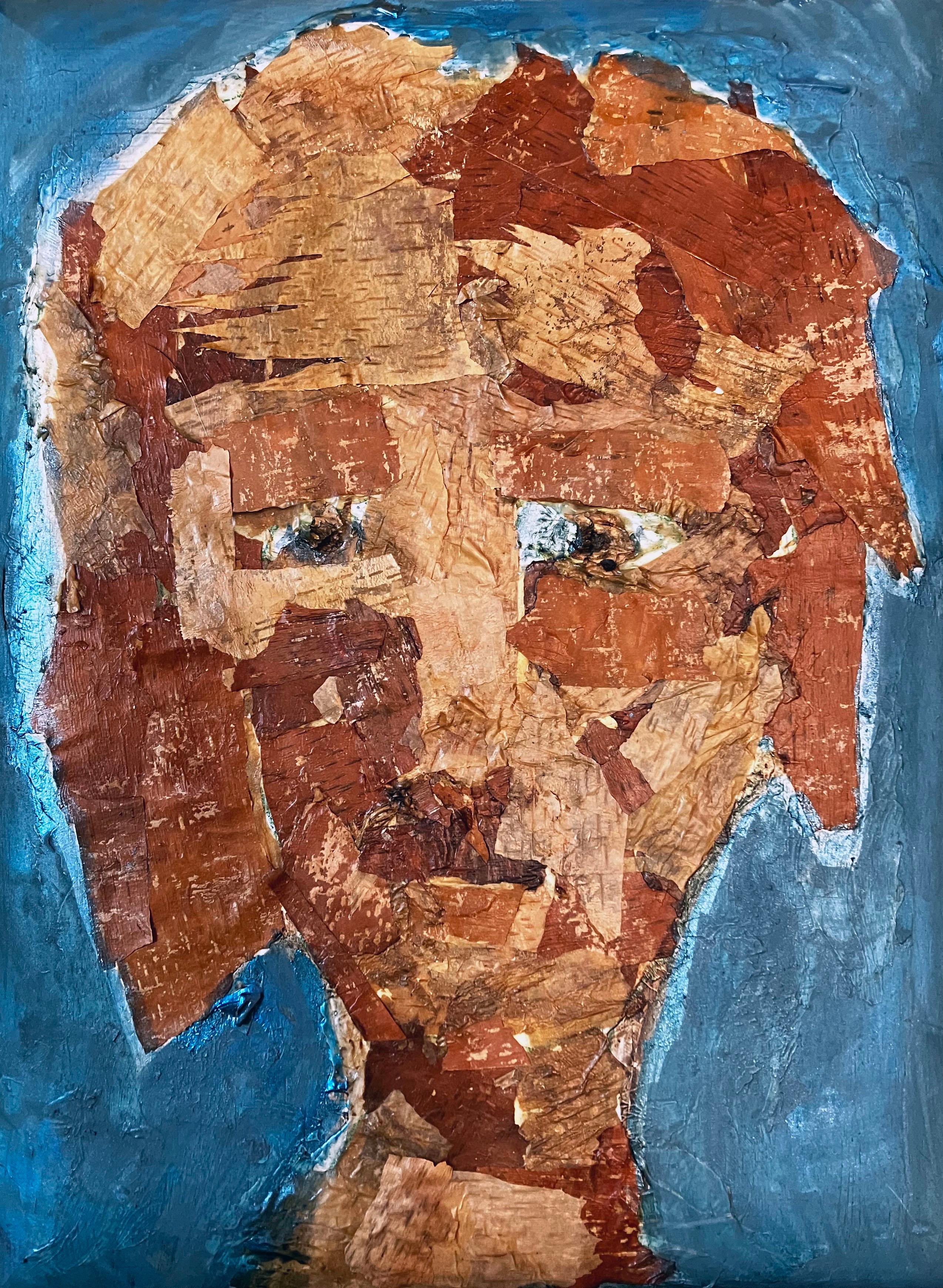 C. Dimitri Portrait Painting - 1000 Years, blue and earth tonehuman face, bark from birch tree, natural element