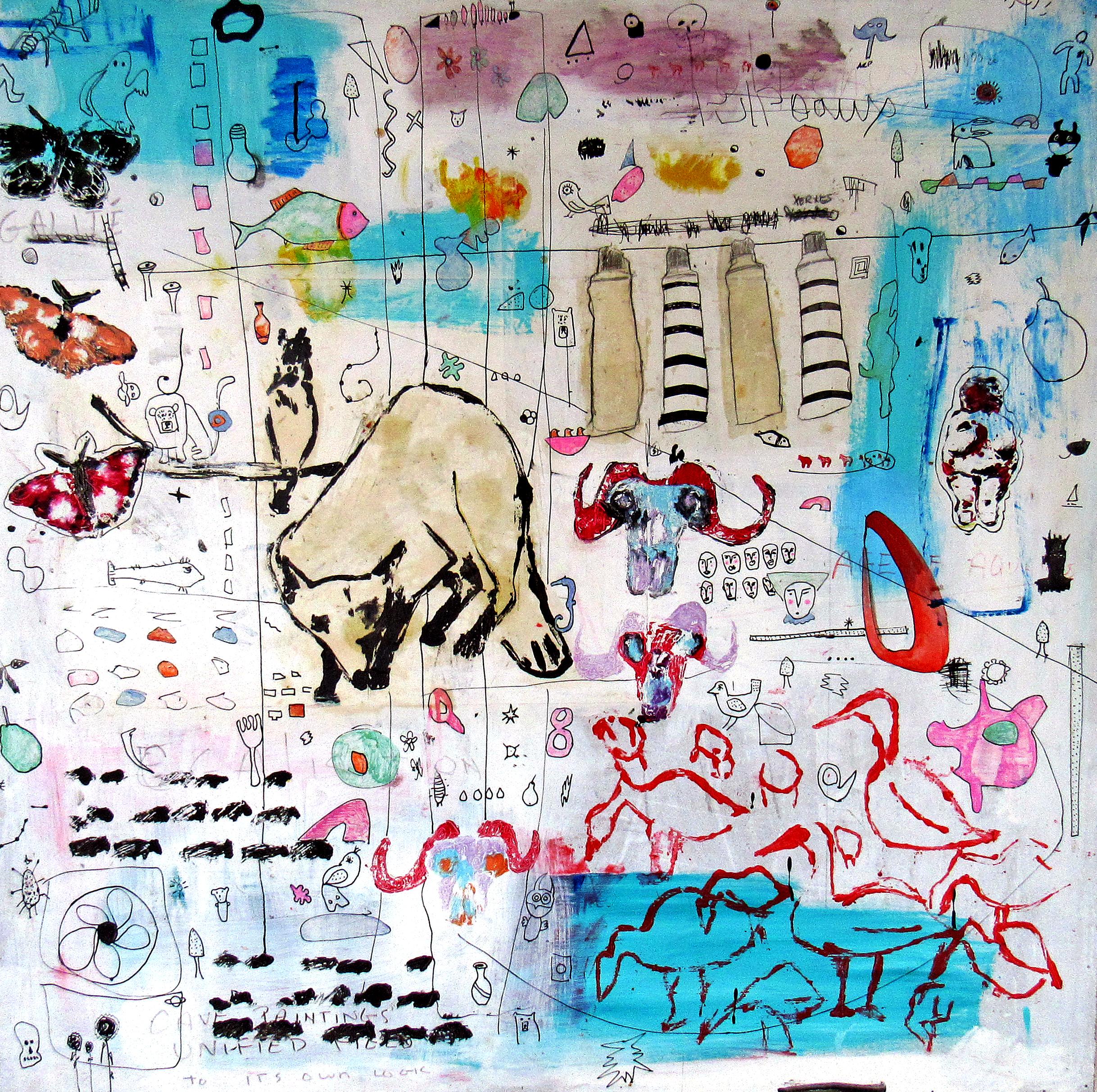 C. Dimitri Animal Painting - Axial Age, abstract iconography, white w blues, colors animals, text, patterns
