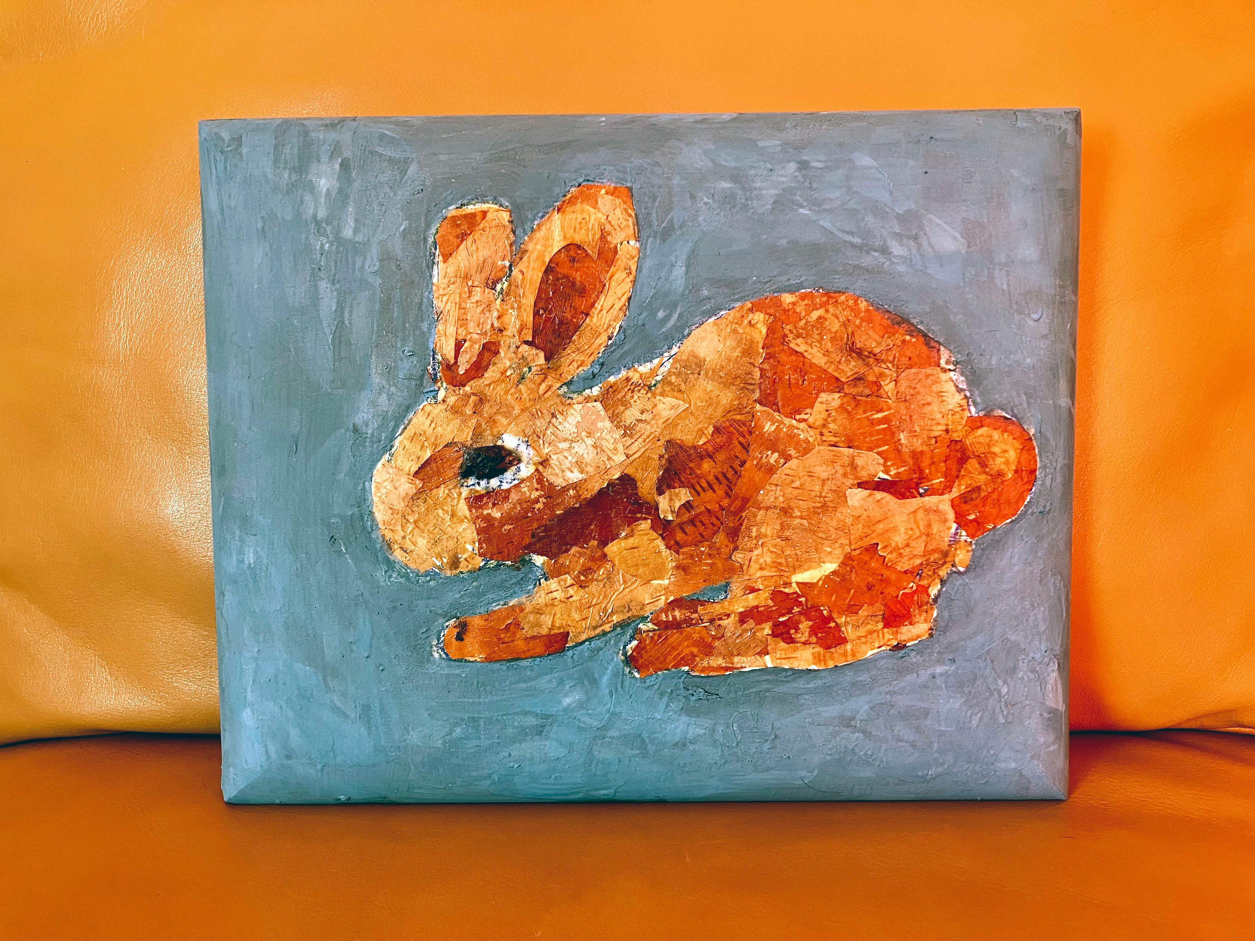 Birch Rabbit I, bunny, orange color painted birch on wood trophy plaque - Painting by C. Dimitri