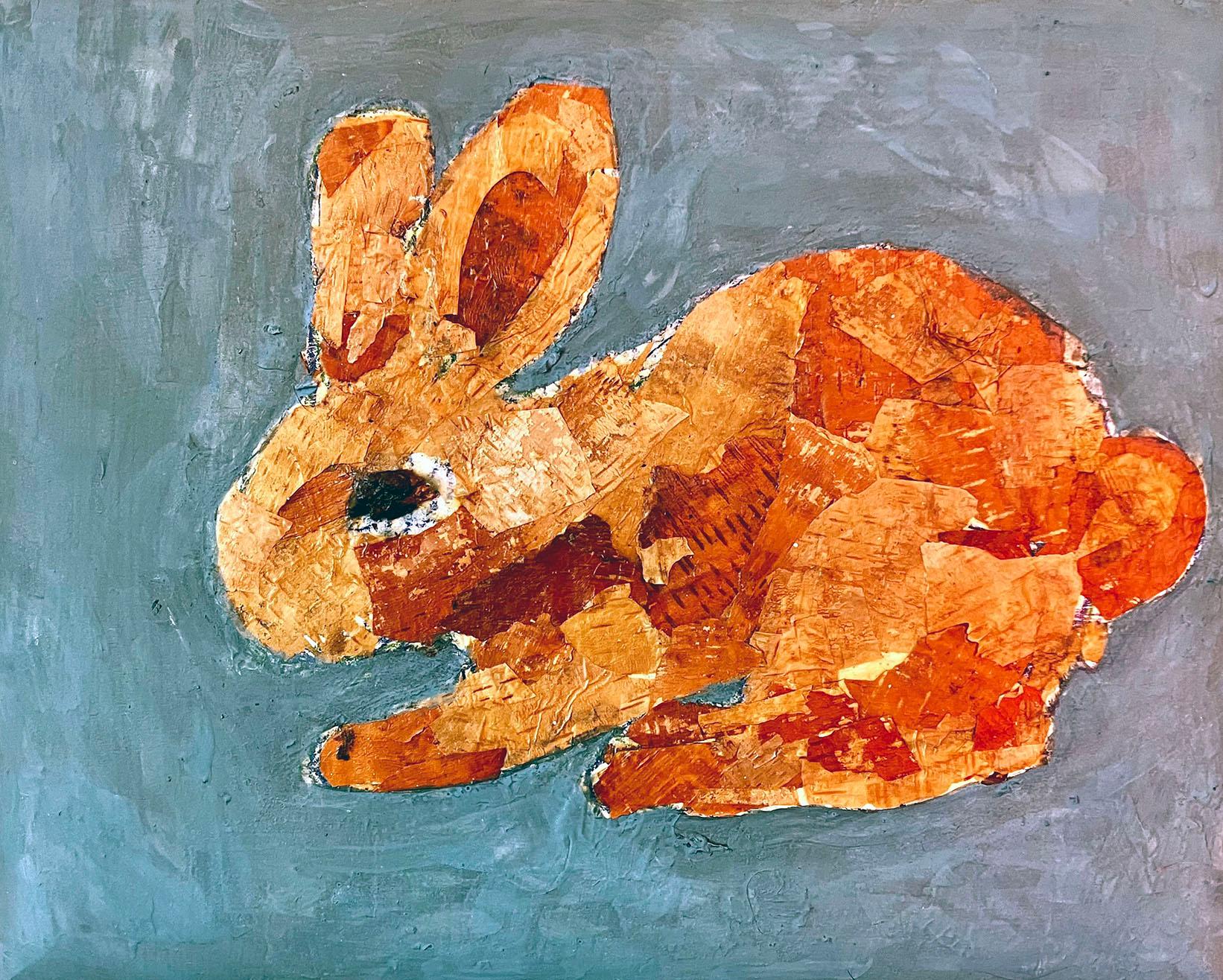 Birch Rabbit I, bunny, orange color painted birch on wood trophy plaque