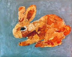 Birch Rabbit I, bunny, orange color painted birch on wood trophy plaque