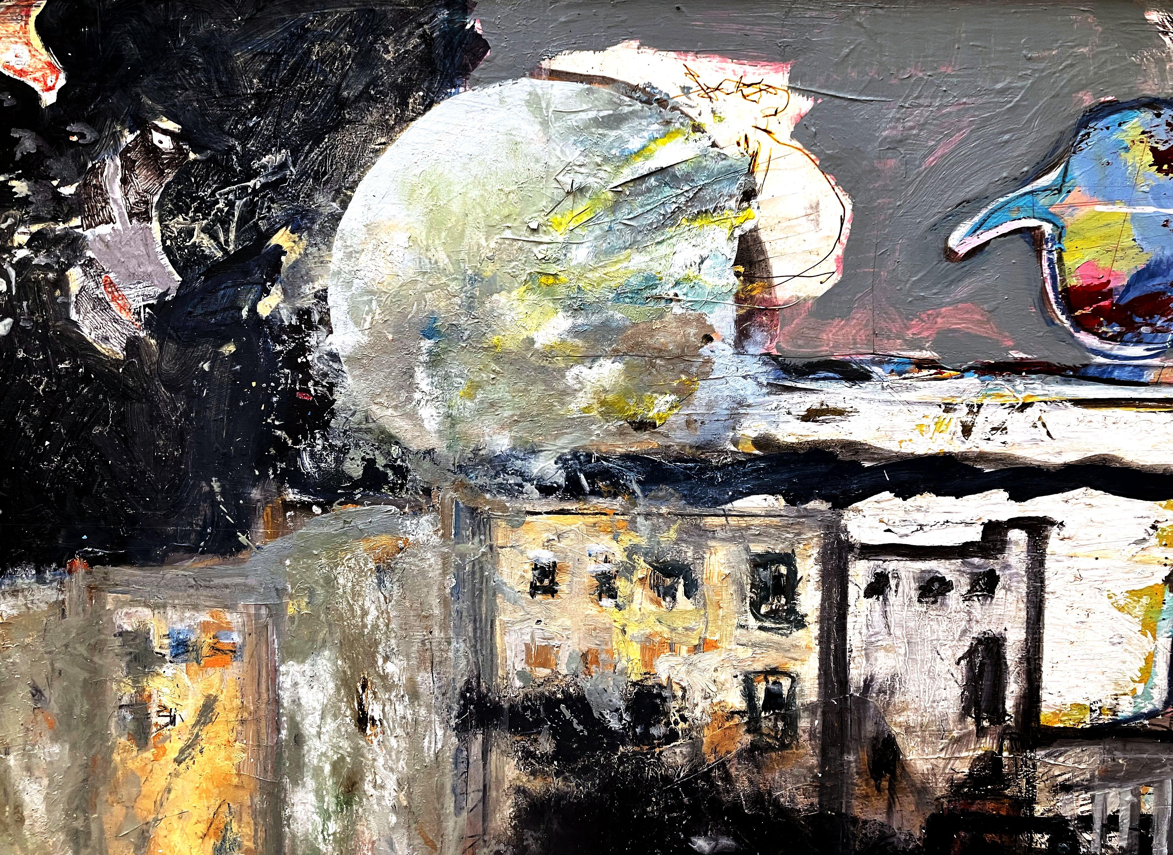 Blue Super Moon Over Havana, imaginative large scale abstract cityscape - Abstract Painting by C. Dimitri