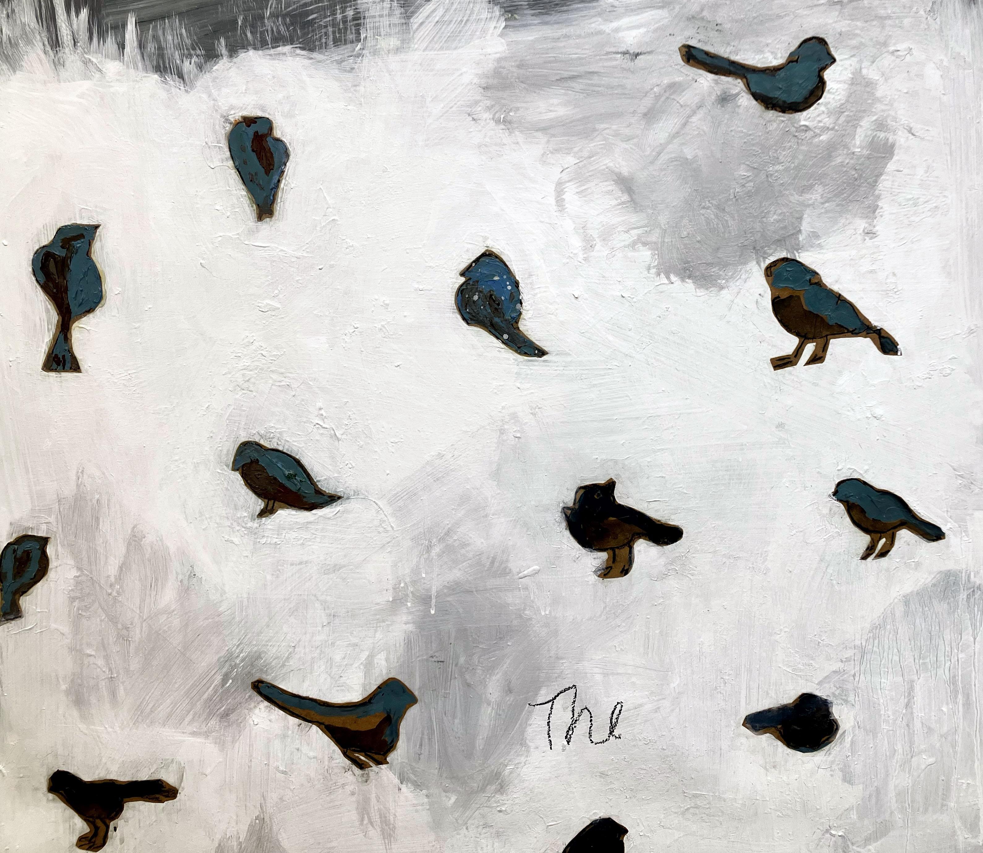 Bluebirds I, grey and white composition, abstracted with text 