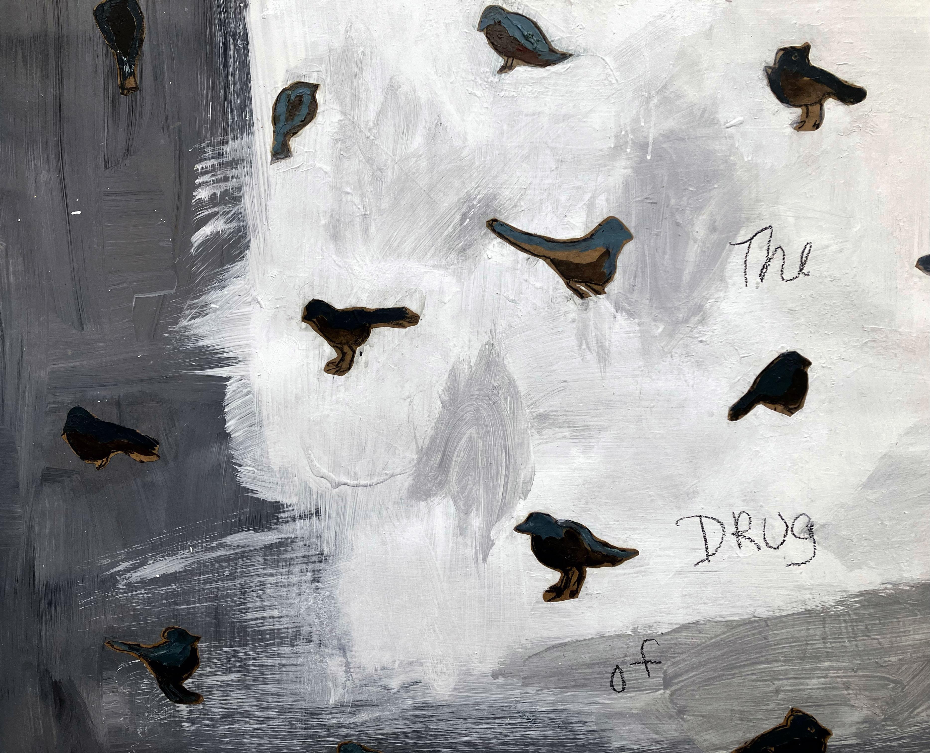 Bluebirds I, composition grise et blanche, abstraite avec le texte «rug of a Nation » - Abstrait Painting par C. Dimitri