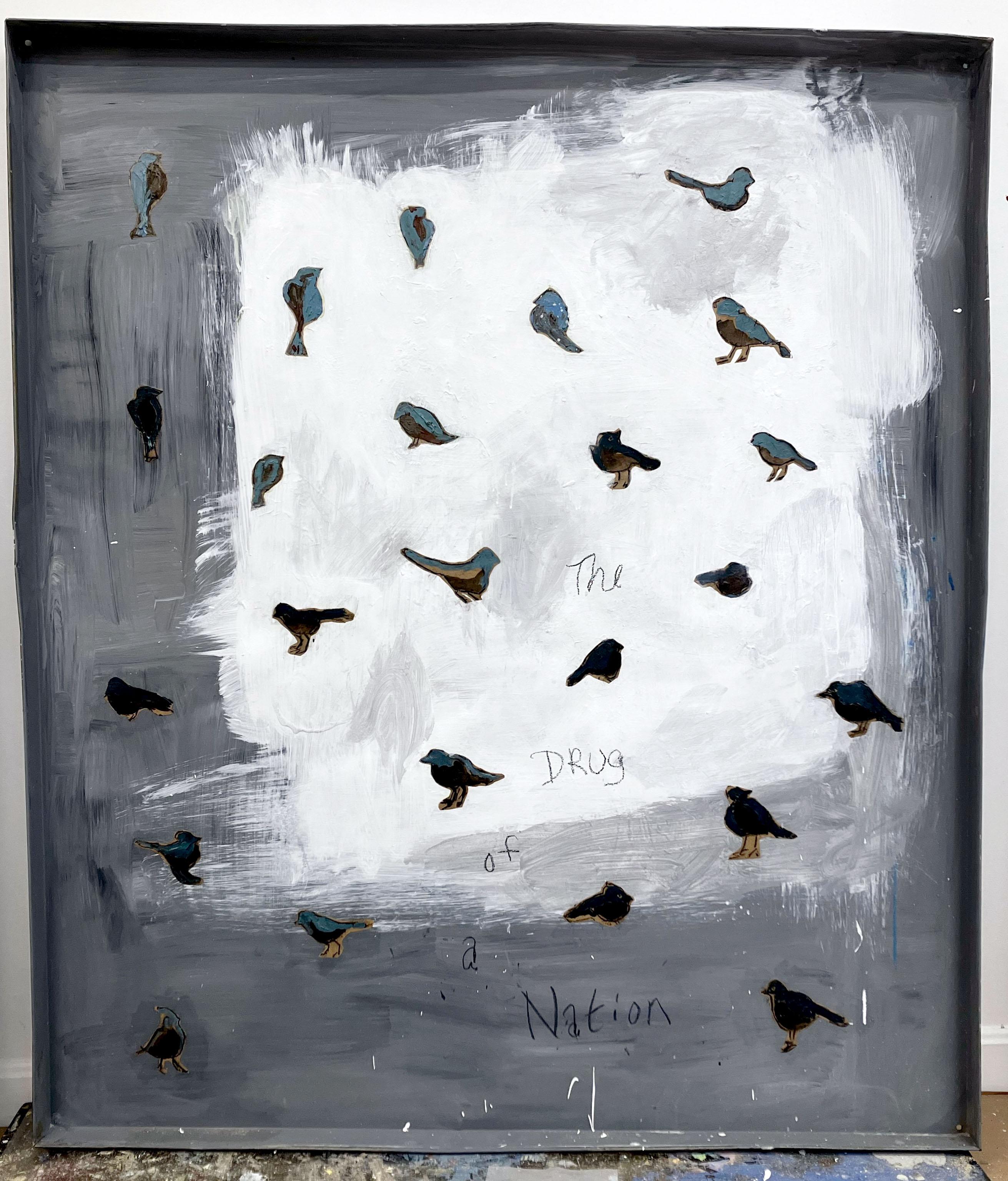 C. Dimitri Abstract Painting - Bluebirds I, grey and white composition, abstracted with text "Drug of a Nation"