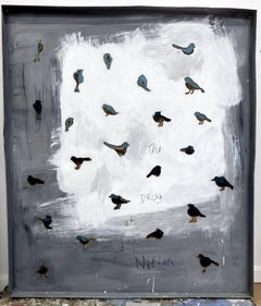 Bluebirds I, composición gris y blanca, abstraída con el texto "Droga de una Nación"