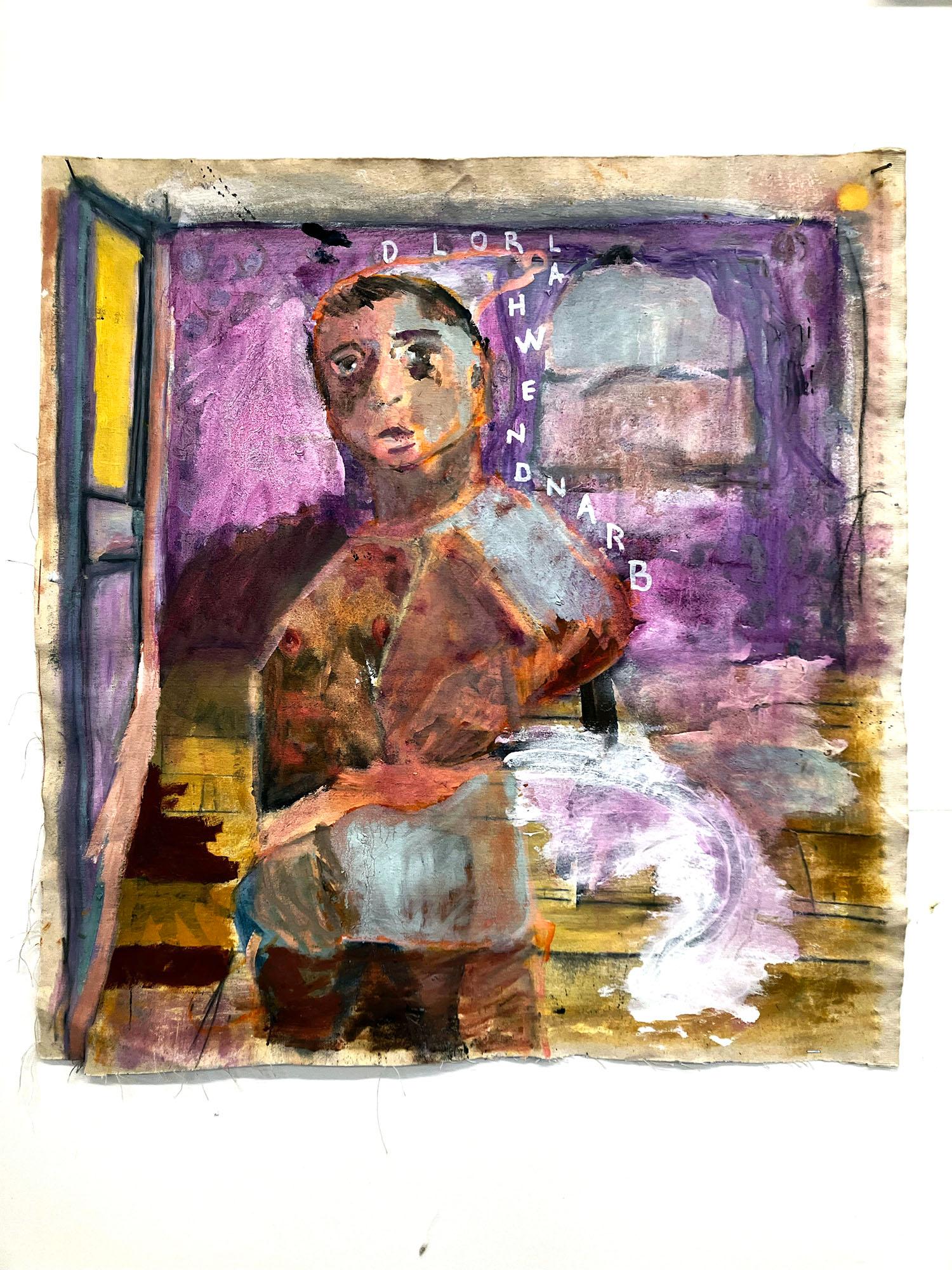 &New Harold, figura astratta colorata e testo - Figurative Painting Marrone di C. Dimitri
