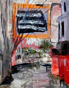 Broadway and Cortland, colorful abstract urban w bicycles