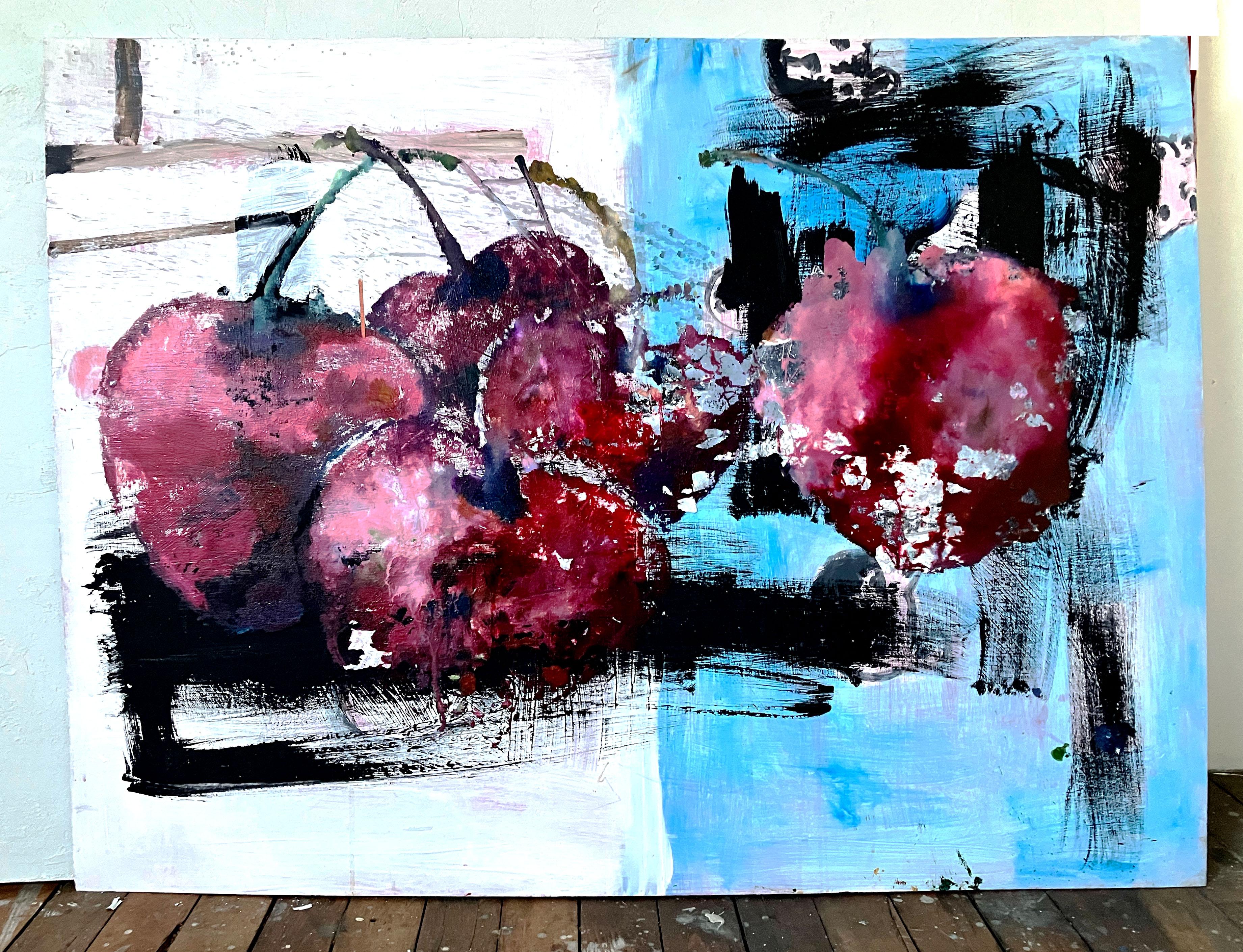 Cherries, abstracted still life blue, white, fruit, brushwork - Painting by C. Dimitri