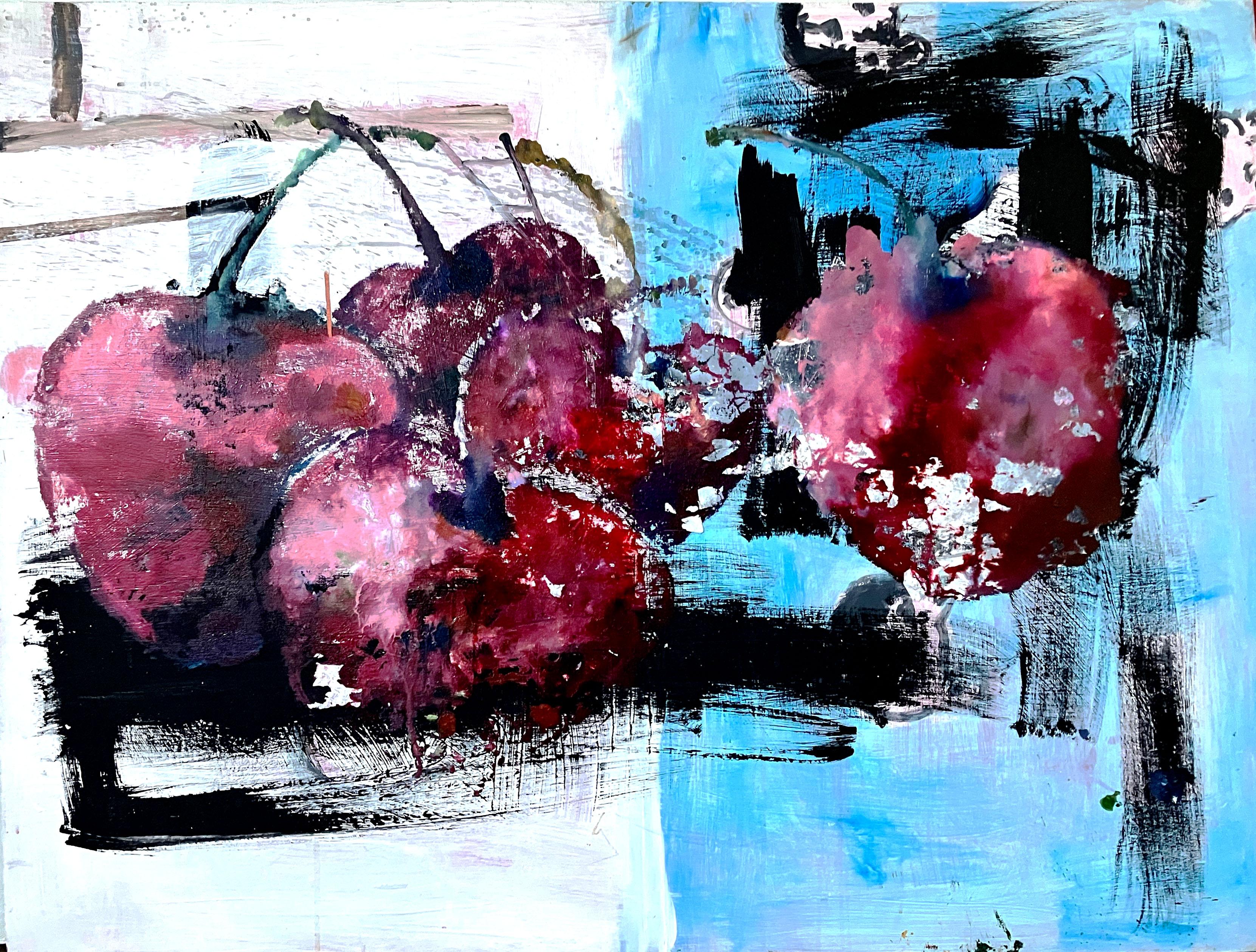 C. Dimitri Abstract Painting - Cherries, abstracted still life blue, white, fruit, brushwork