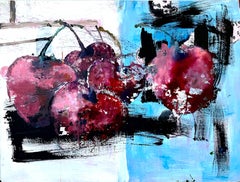 Cherries, abstracted still life blue, white, fruit, brushwork